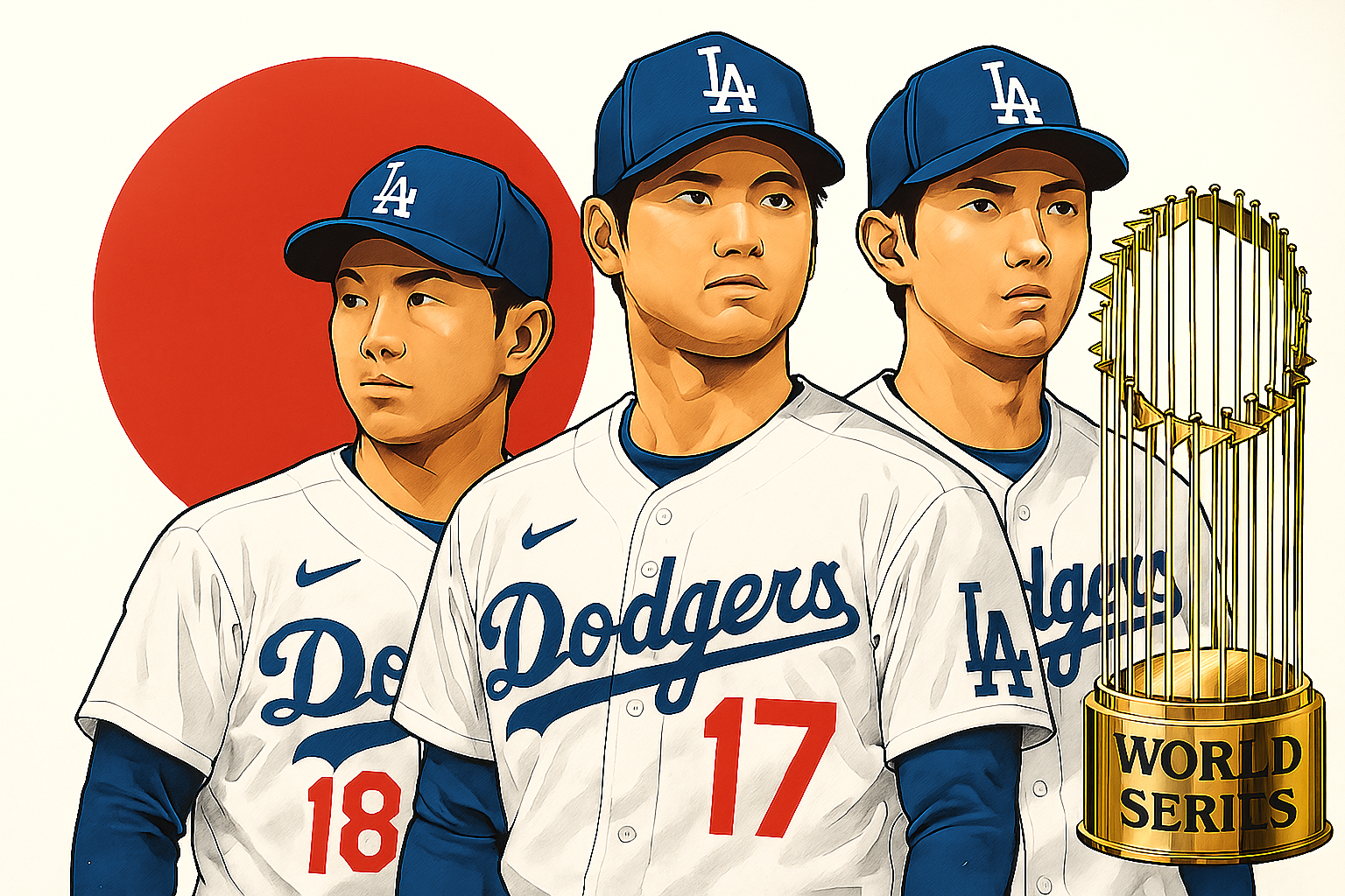 Yamamoto, Ohtani, and Sasaki celebrating Dodgers World Series win AI-generated image