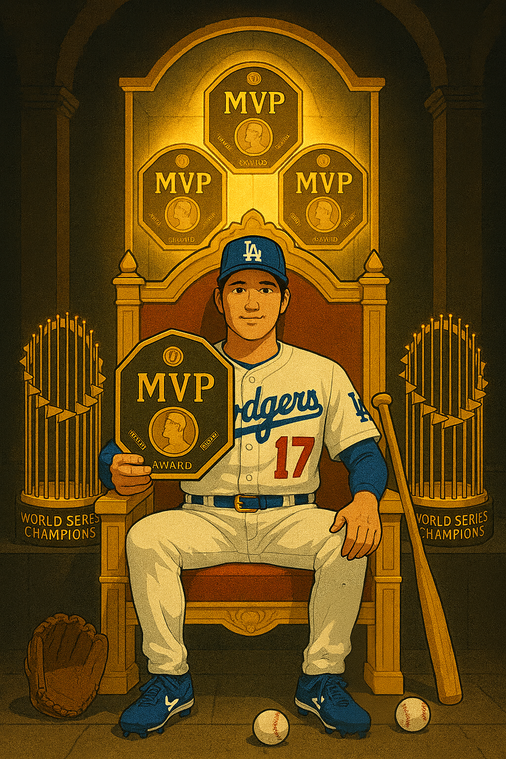 Shohei Ohtani sitting on his throne with his fourth MVP award